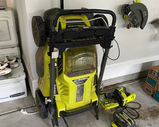 A67 - $300. Ryobi Push Mower, Edger, Hedge Trimmer, Weed Eater Set. 1 Battery & Charger included.