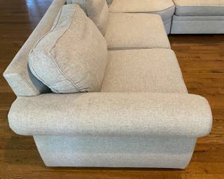 A4 - $750. Pottery Barn Sectional. Measures 10' long across the long side of the back x 89" long the shorter way. 38.5" deep. No major stains. Does have pilling typical of Pottery Barn upholstered furniture. Cushions need a little fluffing but structurally sound and lots of year left!