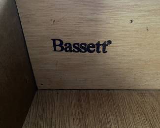 A23 - $60. Bassett Chest of Drawers. AS IS. Bottom Drawer needs repair. Measures 39.25" wide x 20" deep x 55" tall.