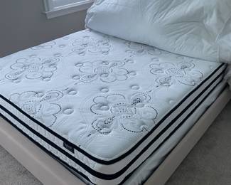 A11 - $550. Queen Size Upholstered Bed. Was very gently used in a guest room. Frame measures 68" wide x 57.5" tall. Includes clean mattress & box spring if you want them as well as the sheets, pillows & blankets!