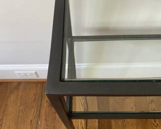 A7 - $100. Glass & Iron Entry Table. Measures 42" long x 14" deep x 30" tall. (Believed to be Pottery Barn)