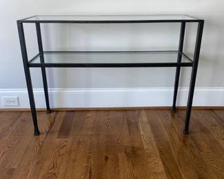 A7 - $100. Glass & Iron Entry Table. Measures 42" long x 14" deep x 30" tall. (Believed to be Pottery Barn)