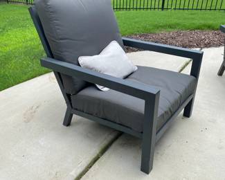 A72 - $175. Set of 4 Metal Framed Patio Chairs with Cushions. Cushions have a little sun fading but chairs are all sturdy.