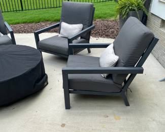 A72 - $175. Set of 4 Metal Framed Patio Chairs with Cushions. Cushions have a little sun fading but chairs are all sturdy.