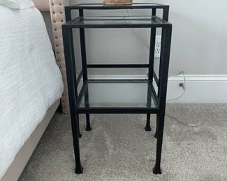 A13 - $85. Pair of Nesting Side Tables. Largest is 16" wide x 14" deep x 24" tall. Iron Frame with Glass inserts. (Believed to be pottery barn)