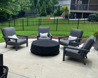 A72 - $175. Set of 4 Metal Framed Patio Chairs with Cushions. Cushions have a little sun fading but chairs are all sturdy.