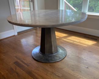 A6 - $450. Haverty's "Emory" Marble Top Table. Measures 52" round x 30.5" tall. You will need 2 strong people to move the marble and I suggest you take it apart.