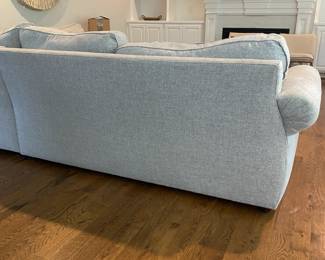 A4 - $750. Pottery Barn Sectional. Measures 10' long across the long side of the back x 89" long the shorter way. 38.5" deep. No major stains. Does have pilling typical of Pottery Barn upholstered furniture. Cushions need a little fluffing but structurally sound and lots of year left!