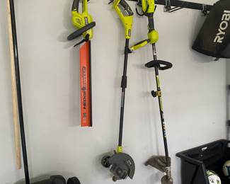 A67 - $300. Ryobi Push Mower, Edger, Hedge Trimmer, Weed Eater Set. 1 Battery & Charger included.