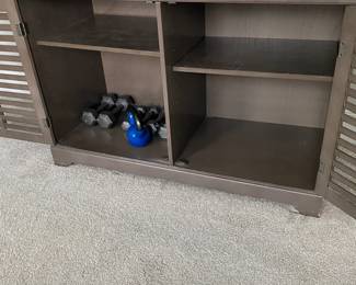 A36 - $50. Media Stand. Measures 45" wide x 19" deep x 28" tall. Has one slat on the front broken. Sturdy.