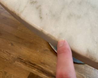 A6 - $450. Haverty's "Emory" Marble Top Table. Measures 52" round x 30.5" tall. You will need 2 strong people to move the marble and I suggest you take it apart.