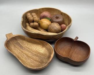 Wooden Bowls w/ Wooden Nuts & Fruit Decor