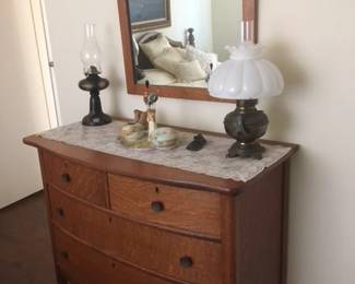 Antique Oak Dresser & Oil Lamps