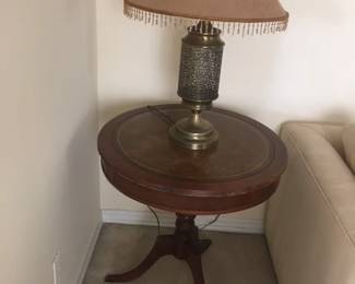 Brass lamp on Leather top Mahogany lamp table