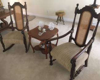 Antique Walnut Rocker & Armchair & inlaid Mahogany lamp table