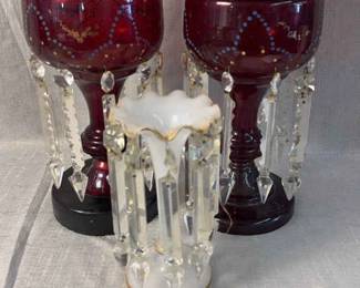 Antique Ruby Victorian White Glass Blown Mantlelisters With Prisms 1870s