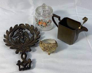 Vintage Glass Jar, Vintage Cast Iron Trivet, Vintage Figurine, Vintage Hammered Pewter