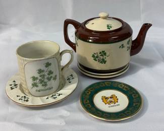 Vintage Irish Carrig Ware 2 Cup Teapot, Victoria CzechoSlovakia Tea Cup, 2PC Pottery Saucer