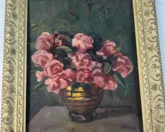 Vintage Bernard Still Life Painting Of Pink Roses In A Vase, Likely Oil Painting With Frame