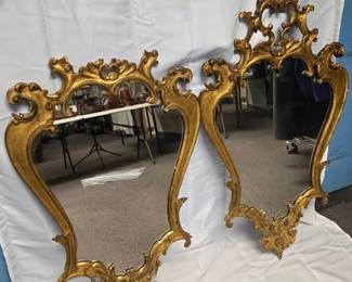 Pair Of Vintage Italian Giltwood Rococo Carved Wall Mirrors.