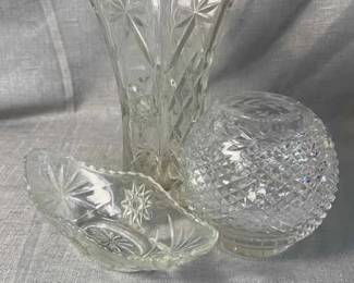 Vintage Crystal Set 3 PC Vase And Gravy Bowl Set