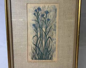 Vintage Framed Botanical Print With Blue Flowers, Elaine