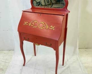 Antique Larkin Co. Victorian Oak Wood Drop Front Secretary Desk Bookshelf Mirror Painted Red.