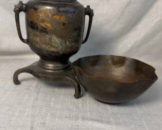Vintage Bronze Footed Vase And Copper Bowl