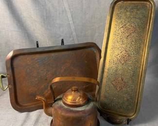 Three PC Copper Brass Serving Tray And Teapot Set