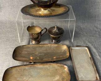 Vintage Silver Plated Set Creamer, Sugar Bowl, Gravy Bowl, 2 Serving Trays, Aluminum Catchall Tray