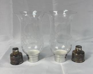 Antique Sterling Silver Etched Glass Hurricane Candle Holders 2PC