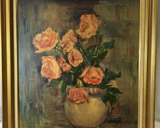 Oil Painting Of Roses In A Vase By Emily Lowe