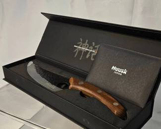 Two Huusk Japanese Knives Stainless Steel and Roasted Beech Wood.