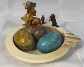 Hummel Goebel Singing Lesson Ashtray, 3PC Vintage Hand Carved Alabaster Eggs