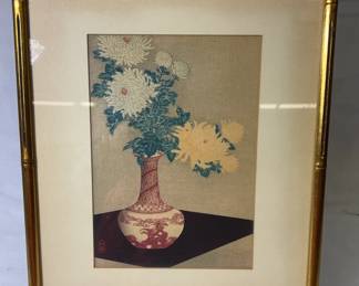 Woodblock Print Called Chrysanthemums In Red Vase By Takahashi Shotei Hiroaki