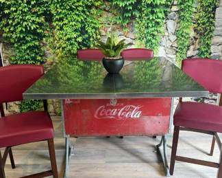 38 LOT. Vintage CocaCola Cooler Bar Table with 4 Stools