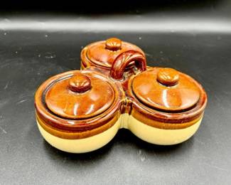 135 LOT. Vintage Stoneware Triple Condiment Server
