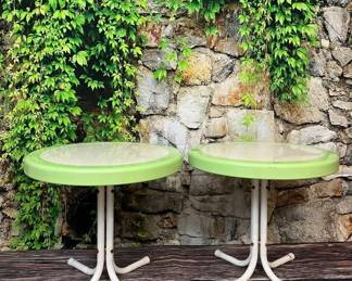 92 LOT. Retro Round White and Mint Patio Table- LOT OF 2