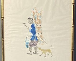 Chinese Peasant Stencil in Bamboo Frame