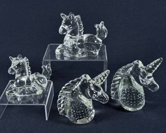 Clear Art Glass Unicorn Paperweights Grouping