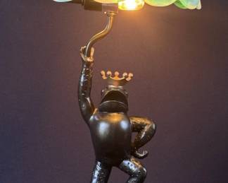 Bronze King Frog Table Lamp Green Glass Shade