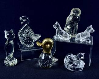 Clear Art Glass Grouping Cats Birds Dogs