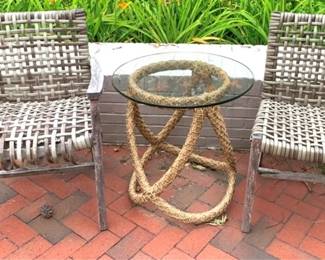 306 - 3 piece Patio Set Chairs - 33" x 24" x 18" - one chair needs repaired, Table - 24" x 24"