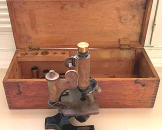 328 - Antique Microscope & Wood Case - 7" x 20" x 8"