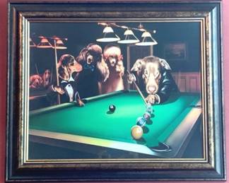 259 - Framed Dogs Playing Pool Print - 21" x 25"