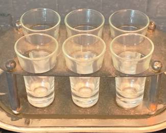 130 - Silver Plated Shot Glass Holder with Glasses 4" x 11" x 5"