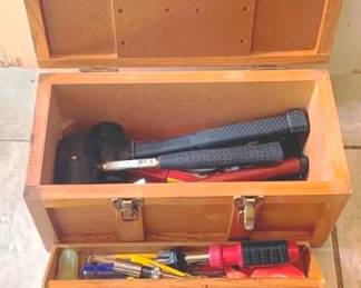 12 - Wood Tool Box with Contents - 8" x 16" x 8"