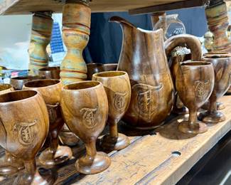 Wood Pitcher w/ Wood Goblets
Carved βTβ design / large set