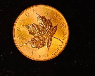 Canadian Maple Leaf coin, reverse side view.