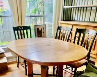 Great matching table with leaf and 6 matching wood and wrought iron chairs